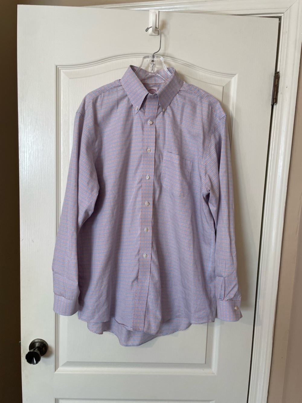 Brooks Brothers Shirt Mens 17 4/5 Orange Check Oxford L/S Button Down Non-Iron
